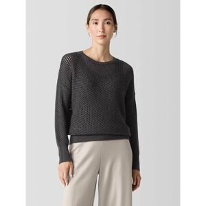 Eileen Fisher Charcoal Grey Extra Fine Merino Wool Open Stitch Mesh Sweater- S